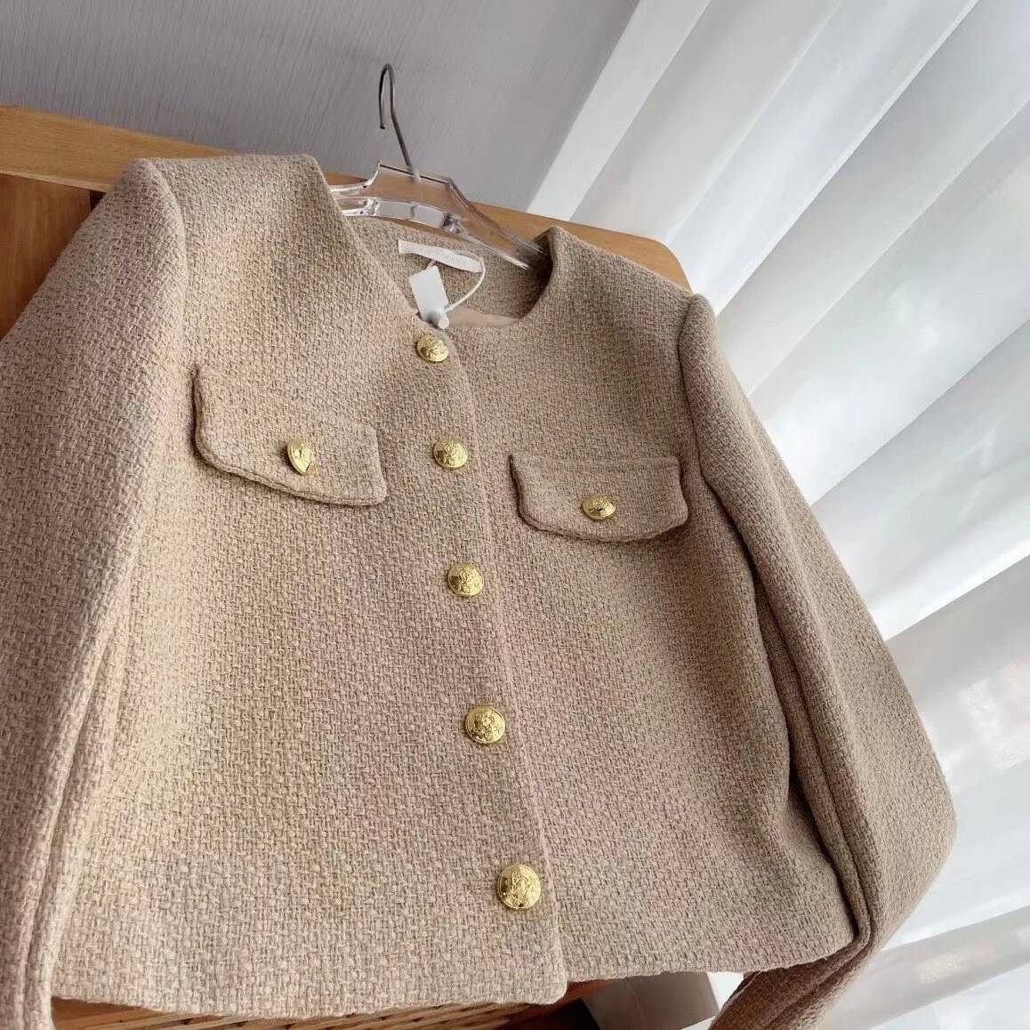 Street Fashion Taiwan - Jaqueta de Tweed Xadrez com Franjas
